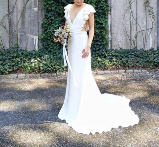 V-Neck Cap Sleeves Backless Wedding Dress with Ruffles