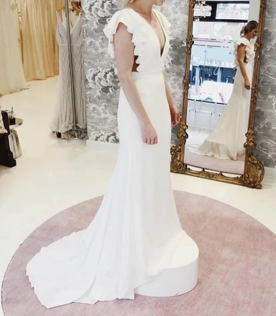 V-Neck Cap Sleeves Backless Wedding Dress with Ruffles