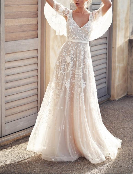 Ivory Flower Appliques Wedding Dress Lace Long Bridal Dresses