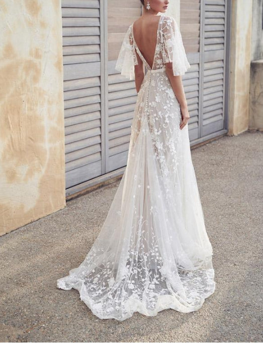 Ivory Flower Appliques Wedding Dress Lace Long Bridal Dresses