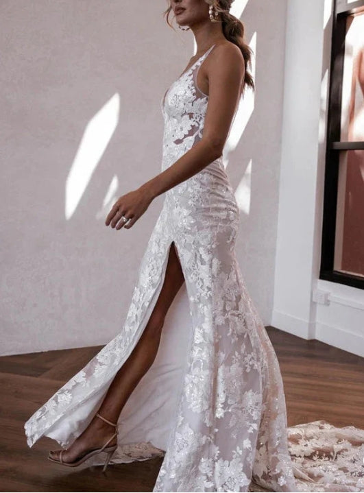Mermaid V Neck Lace Boho Wedding Dresses with Slit