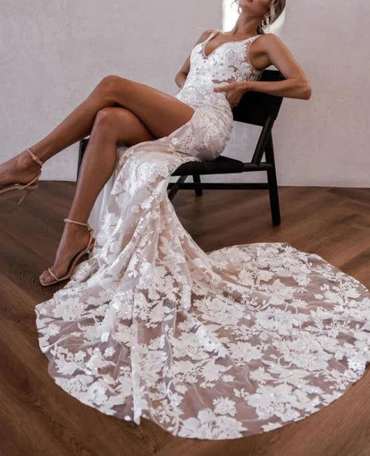 Mermaid V Neck Lace Boho Wedding Dresses with Slit