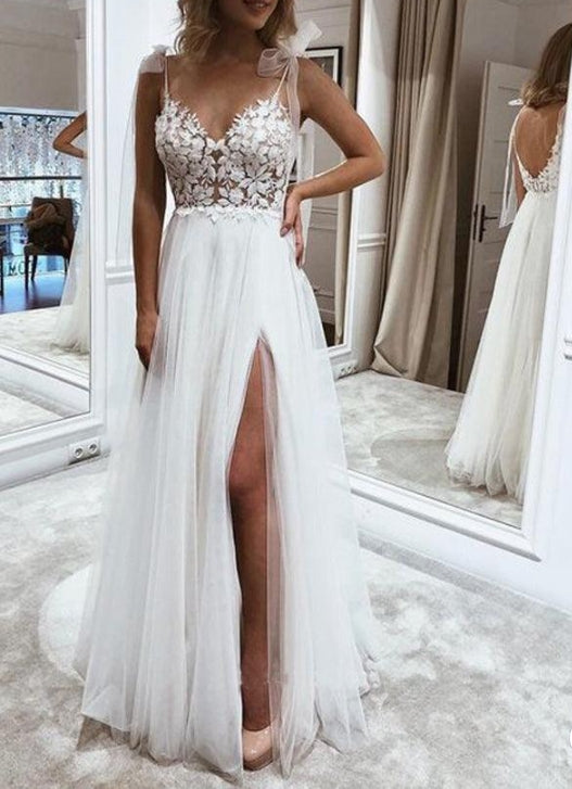 A Line V Neck Straps Tulle Split Wedding Dress/Bridal Gown with Lace