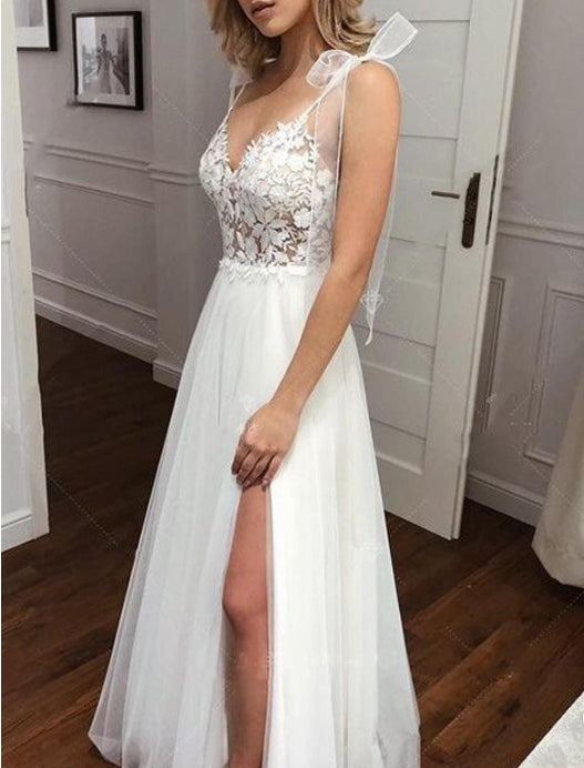 A Line V Neck Straps Tulle Split Wedding Dress/Bridal Gown with Lace