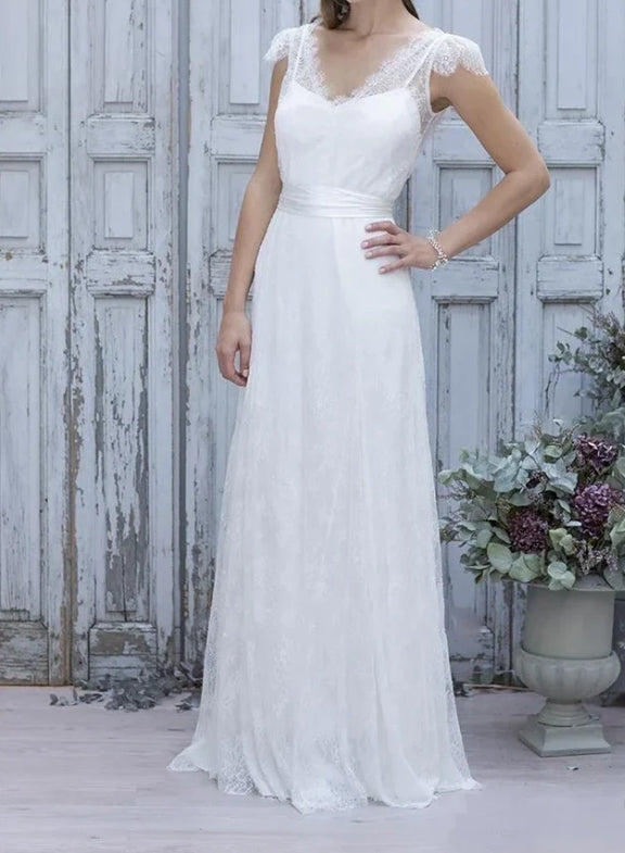 A-Line V-Neck Short Cap Sleeves Backless Tulle Lace Wedding Dress