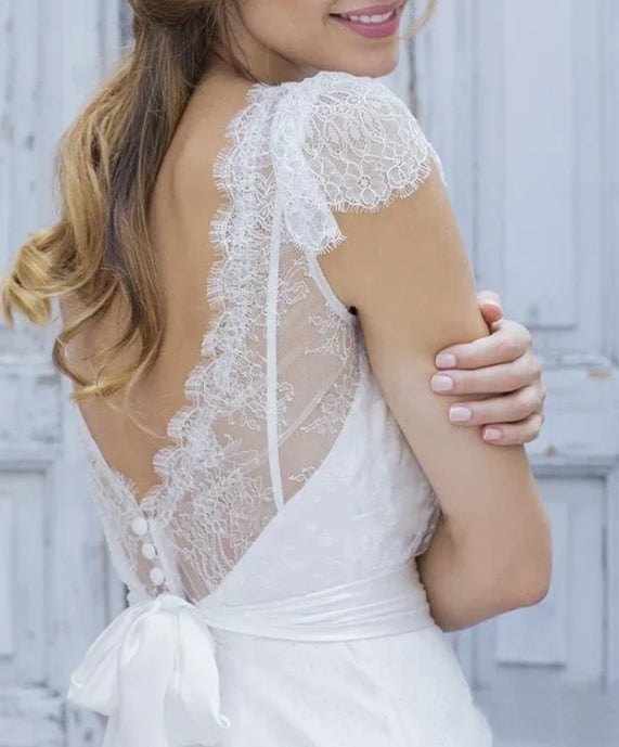A-Line V-Neck Short Cap Sleeves Backless Tulle Lace Wedding Dress