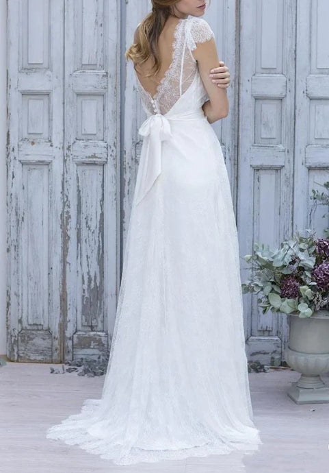 A-Line V-Neck Short Cap Sleeves Backless Tulle Lace Wedding Dress