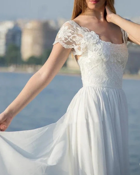 Scoop Cap Sleeves Backless Long Chiffon Lace Appliques Wedding Dress withTrain