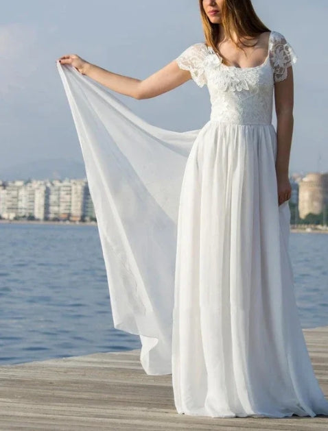 Scoop Cap Sleeves Backless Long Chiffon Lace Appliques Wedding Dress withTrain