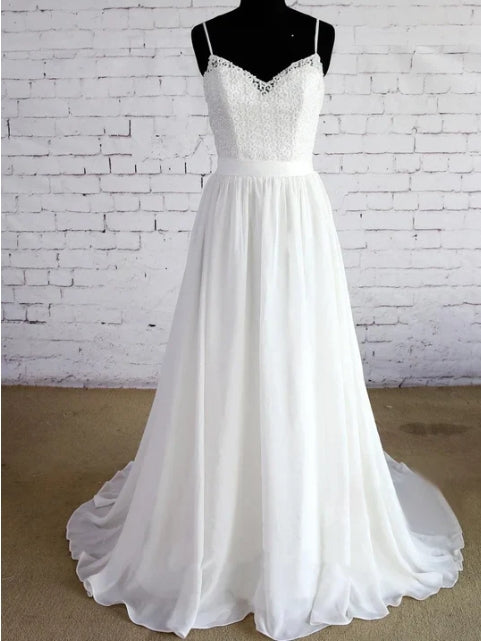 A-Line Chiffon Sleeveless Zipper Backless Wedding Dress with Lace