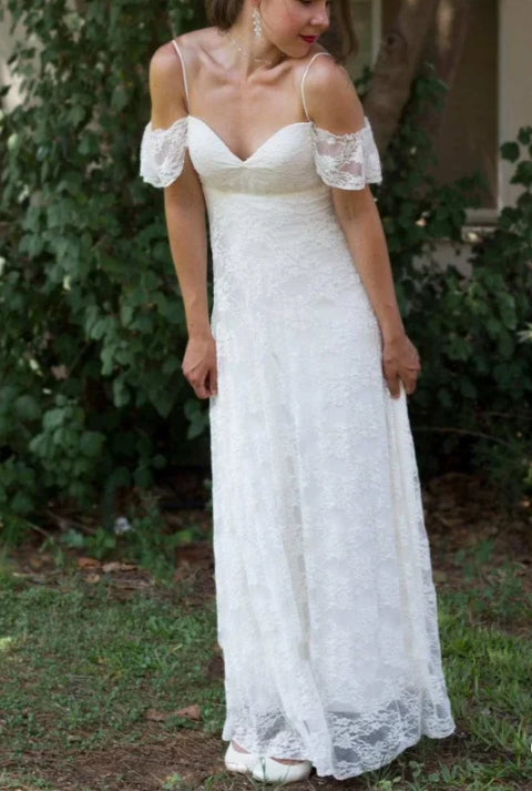 Off-The-Shoulder Lace Floor-Length Wedding Dress