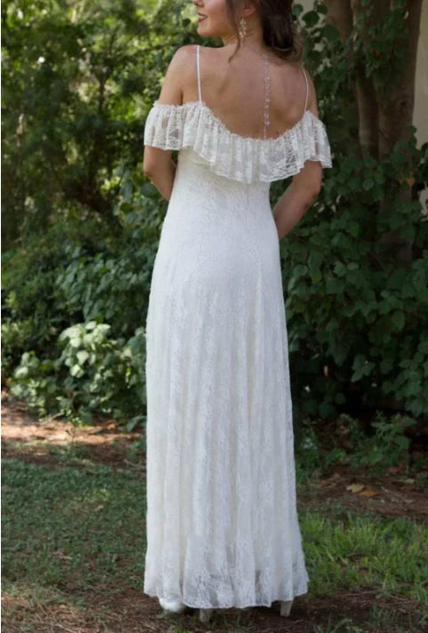 Off-The-Shoulder Lace Floor-Length Wedding Dress