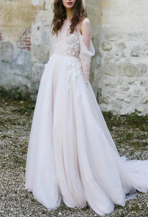 Off-the-Shoulder Tulle Sweep Train Flower Appliqued Wedding Dresses