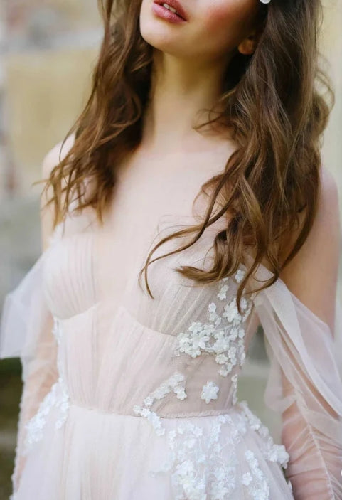 Off-the-Shoulder Tulle Sweep Train Flower Appliqued Wedding Dresses