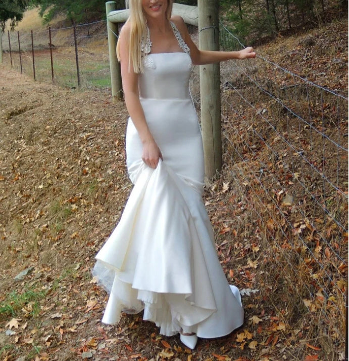 Neck Mermaid Sleeveless Satin Simple White Wedding Dress