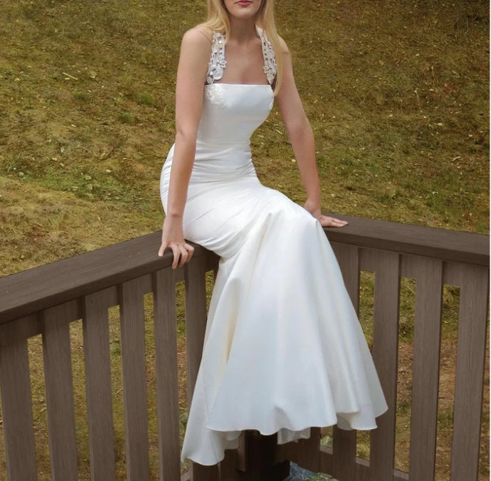 Neck Mermaid Sleeveless Satin Simple White Wedding Dress