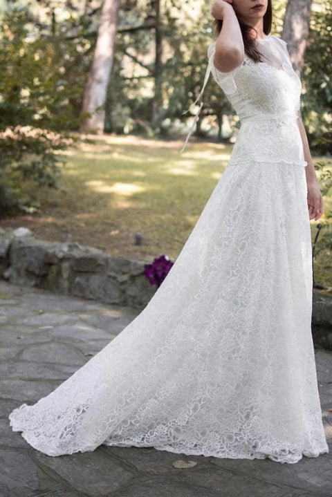 A-Line Short Sleeve Lace Appliques Illusion Back Wedding Dress