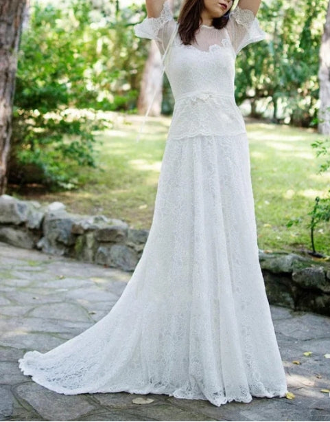 A-Line Short Sleeve Lace Appliques Illusion Back Wedding Dress