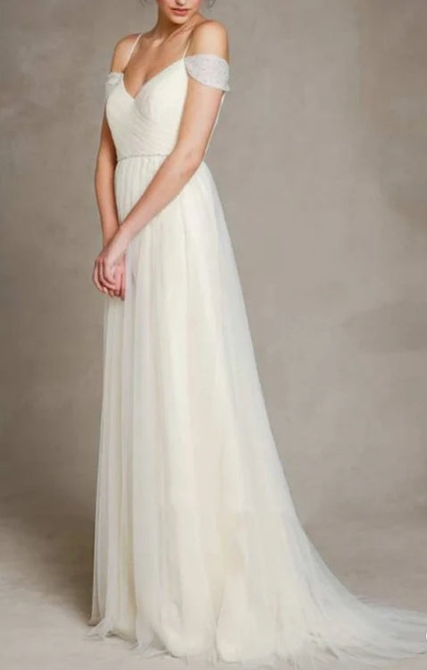 A-Line Spaghetti Straps Off-the-Shoulder Tulle Long Wedding Dress