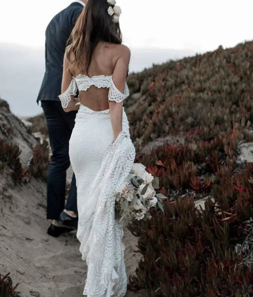 Beach Boho Lace Mermaid Backless Sleeveless White Wedding Gowns