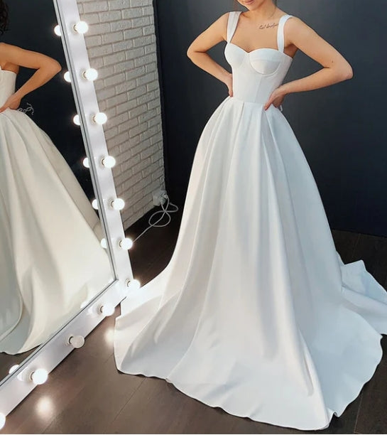 A-line Off-the-Shoulder Sleeveless Satin Simple Bride Wedding Dress