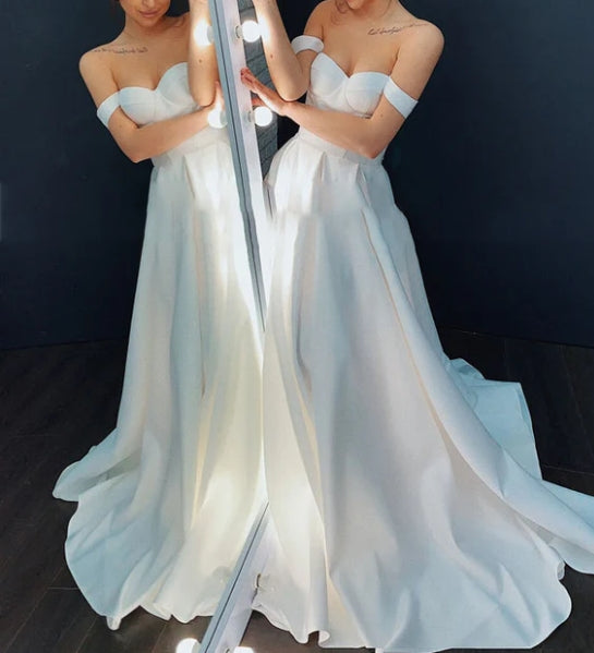 A-line Off-the-Shoulder Sleeveless Satin Simple Bride Wedding Dress