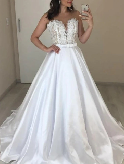 A-line Sleeveless Sweetheart Satin Bride Wedding Dresses with