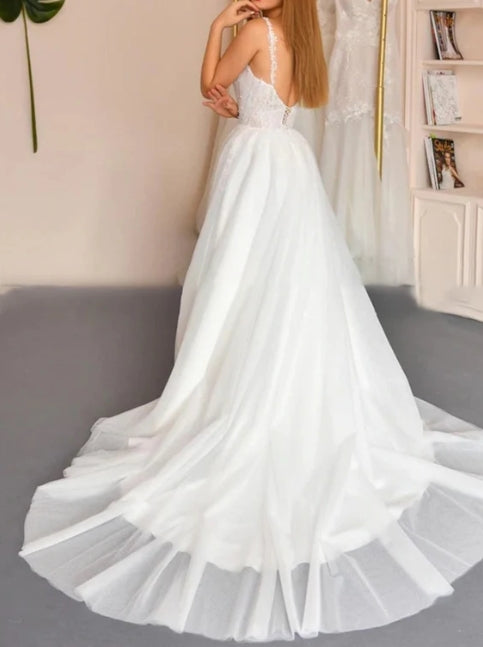 A-line Spaghetti Straps Sleeveless White Appliques Tulle Pearls Wedding Bridal Dress