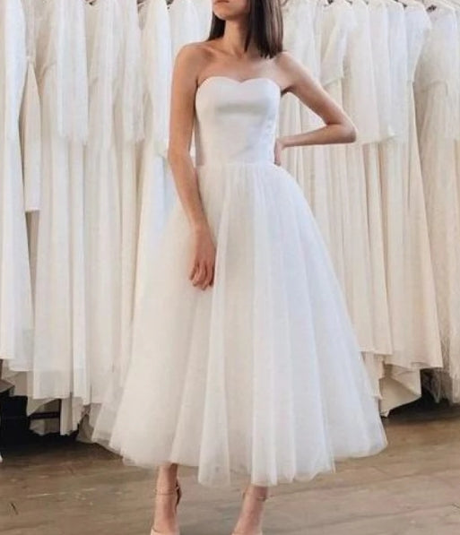 A-Line Short Bridal Gown with Tea-Length Tulle Skirt