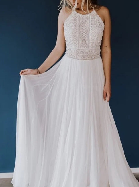 Lace Chiffon Halter Sleeveless Open Back Wedding Dresses