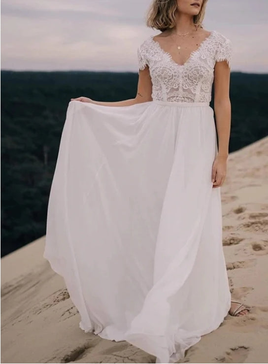 Boho See Through Lace V-Neck A-Line Chiffon Wedding Dress