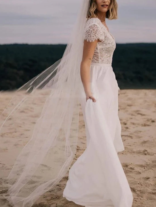 Boho See Through Lace V-Neck A-Line Chiffon Wedding Dress