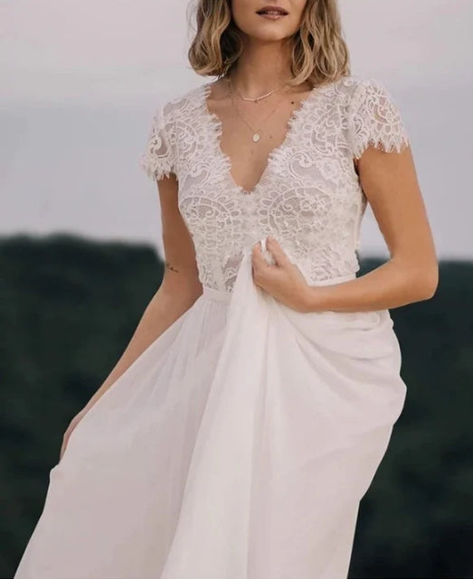 Boho See Through Lace V-Neck A-Line Chiffon Wedding Dress