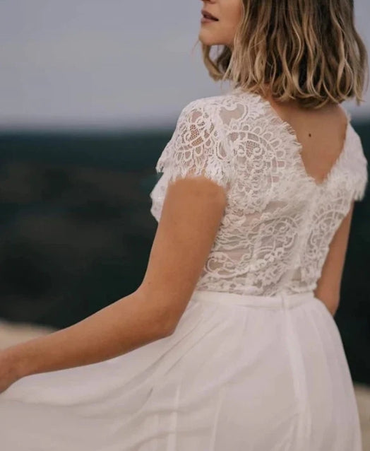 Boho See Through Lace V-Neck A-Line Chiffon Wedding Dress