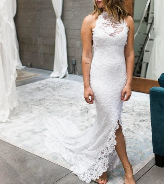 Boho Style Chic Mermaid Sleeveless Lace Appliques Wedding Dress
