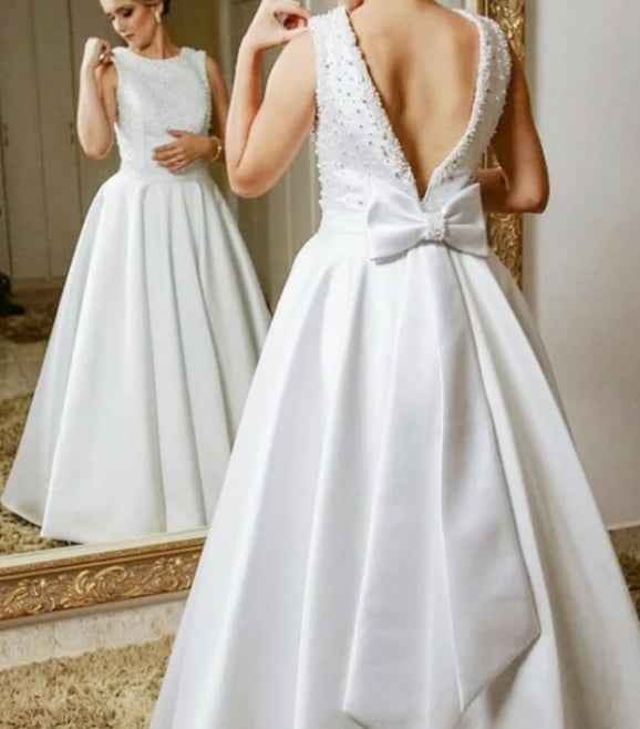 A-line Satin Backless Bride Dresses Wedding Bow Ribbon Sash