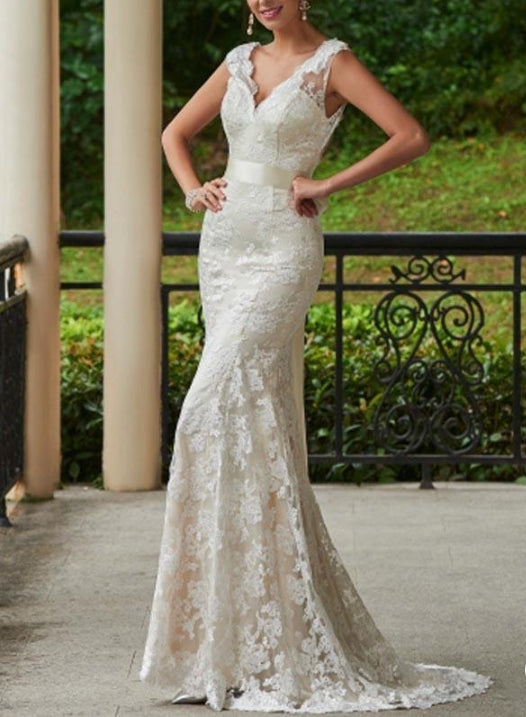 V-Neck White Lace Backless Wedding Bridal Dress