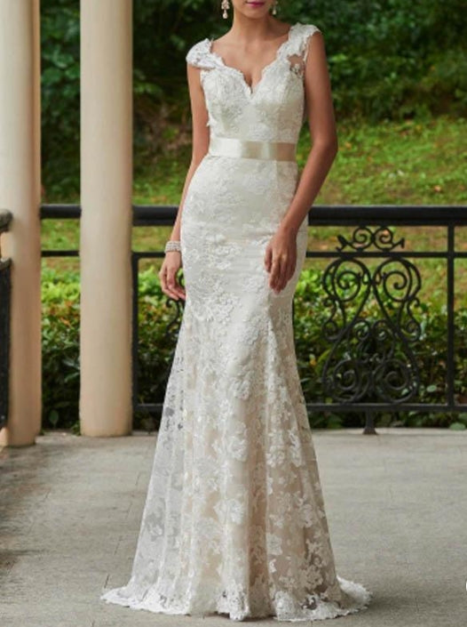V-Neck White Lace Backless Wedding Bridal Dress