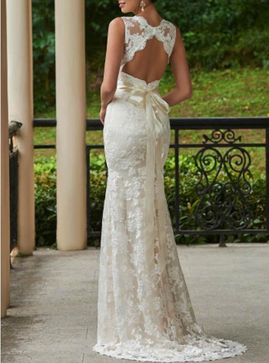 V-Neck White Lace Backless Wedding Bridal Dress