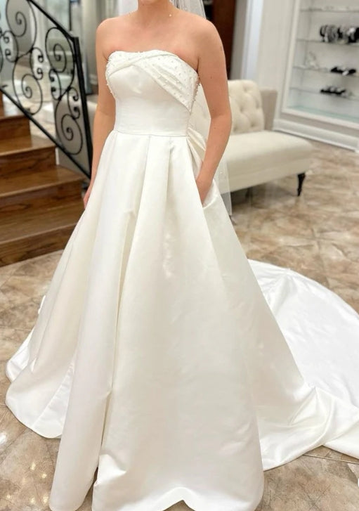 White Strapless Bow-Back Pearls A-Line Wedding Dress