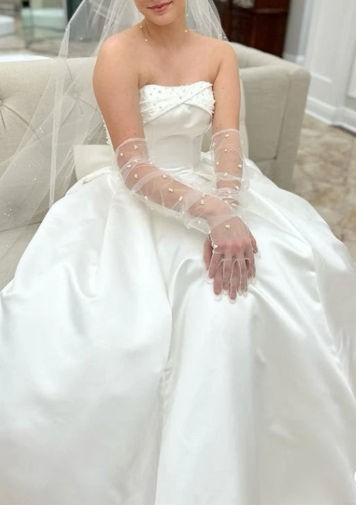 White Strapless Bow-Back Pearls A-Line Wedding Dress