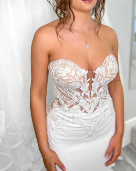 White Strapless Sweetheart Appliques Mermaid Long Wedding Dress