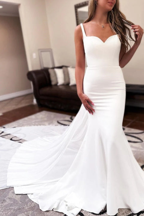 Ivory Sweetheart Backless Mermaid Long Wedding Dress with Attached Train