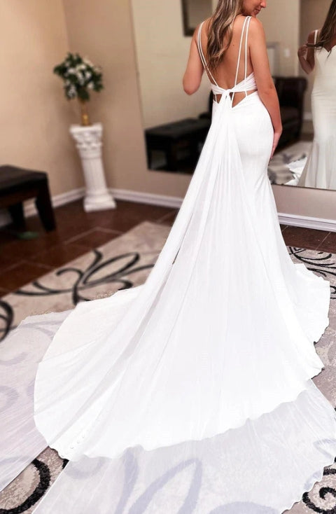 Ivory Sweetheart Backless Mermaid Long Wedding Dress with Attached Train