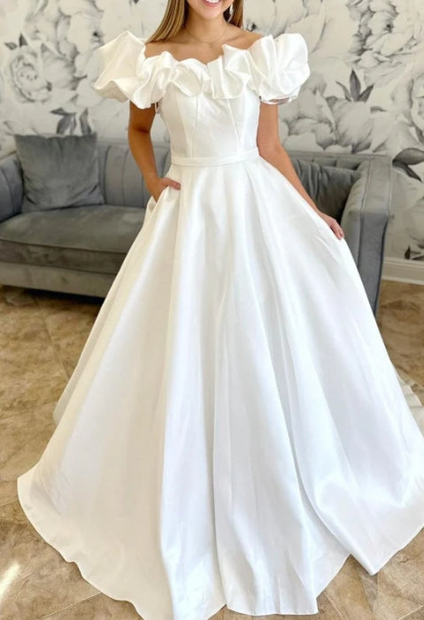 White Off-the-Shoulder Ruffle Long Bridal Gown
