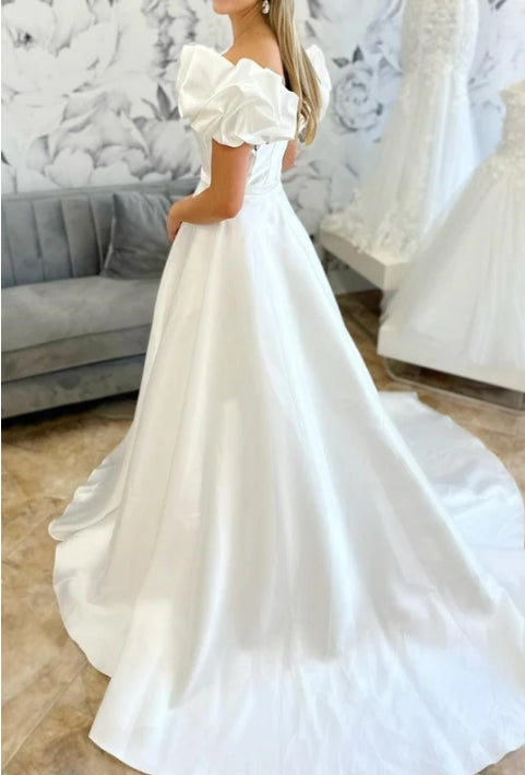 White Off-the-Shoulder Ruffle Long Bridal Gown
