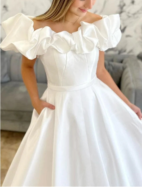 White Off-the-Shoulder Ruffle Long Bridal Gown
