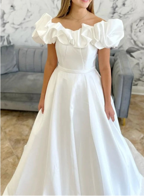 White Off-the-Shoulder Ruffle Long Bridal Gown
