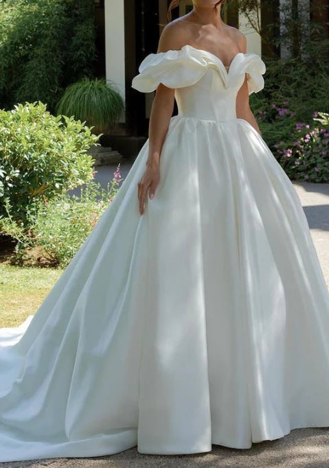 White Puff Off-the-Shoulder V Neck Sweeping Long Wedding Dress