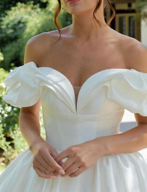 White Puff Off-the-Shoulder V Neck Sweeping Long Wedding Dress
